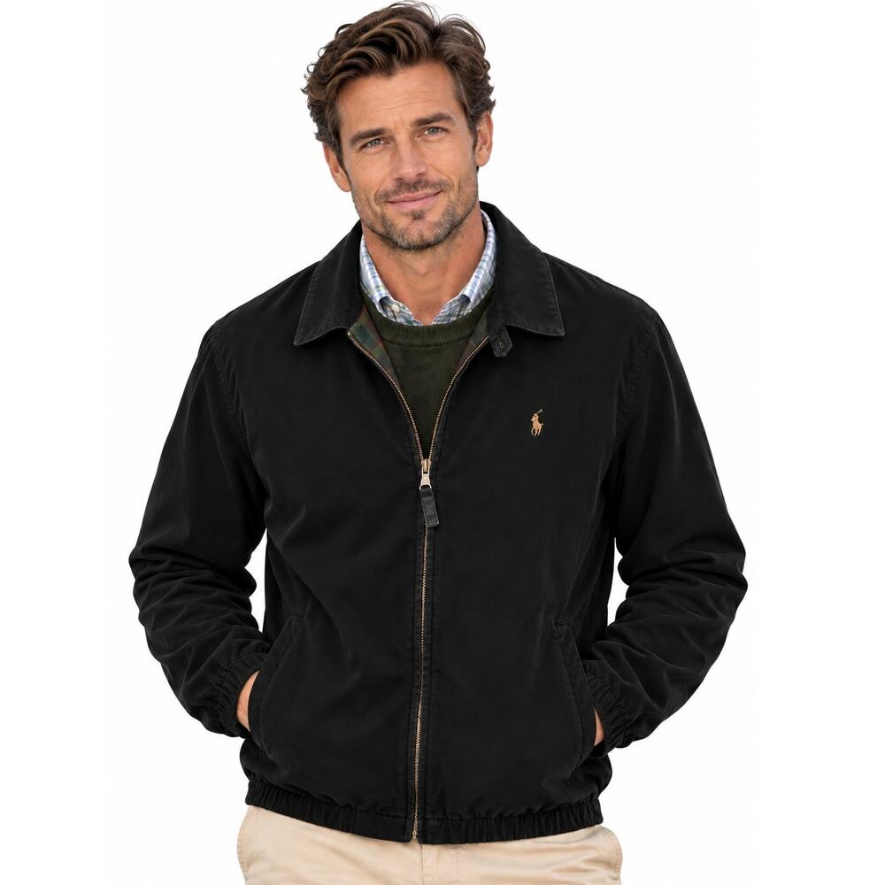 POLO Ralph Lauren Vintage Harrington Jacket Mens Large Black Zip Plaid Lined